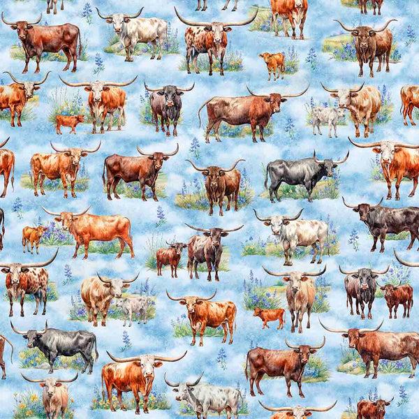 All Texas Shop Hop 2025 - Longhorn Cattle - Blue 30888-B